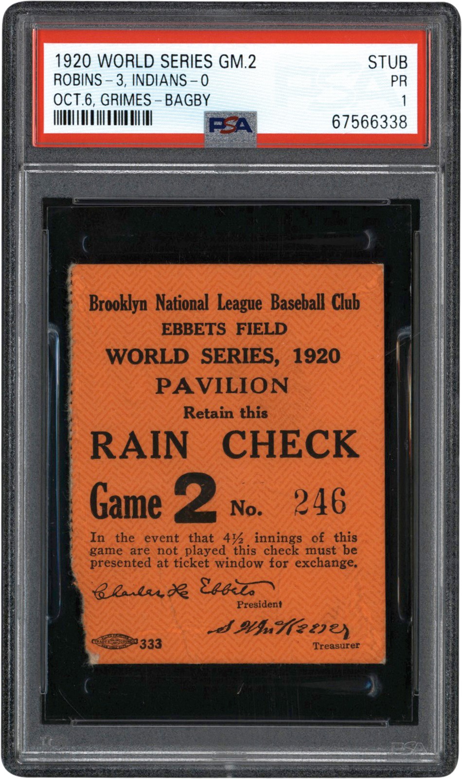 - 1920 World Series Game 2 Brooklyn Robins vs. Cleveland Indians Ticket Stub PSA PR 1 (Pop 1 of 1 - One Higher)
