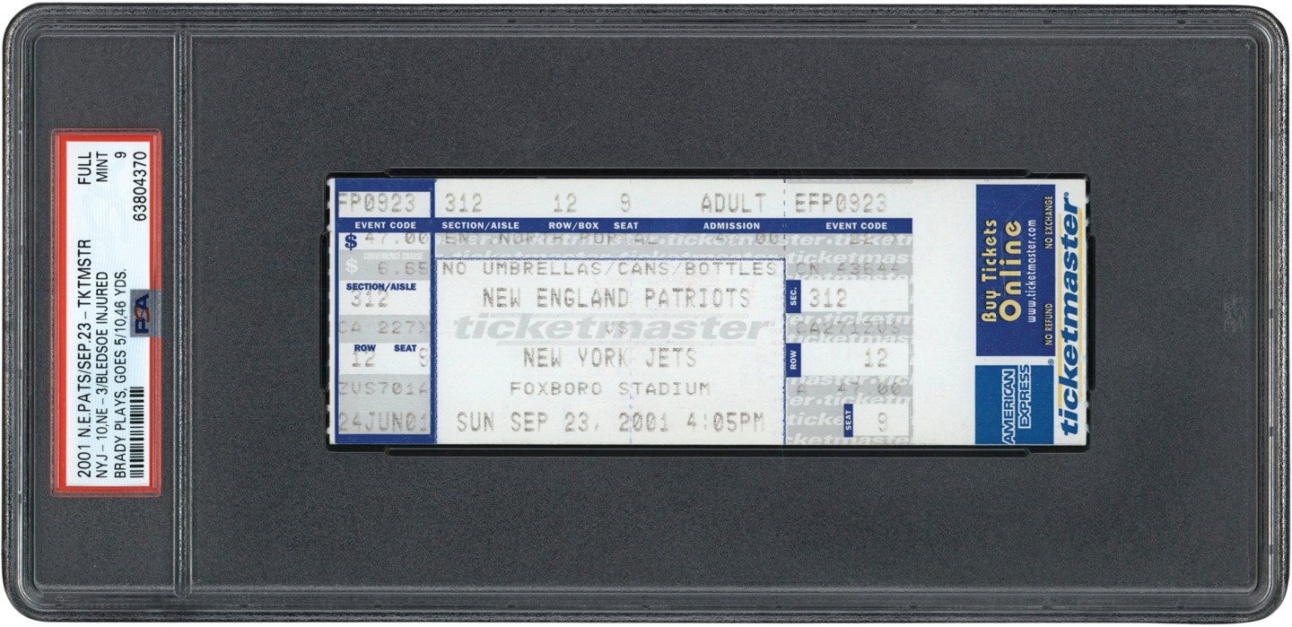 - 2001 New England Patriots Full Ticket (Ticketmaster) - Brady Replaces Bledsoe - PSA MINT 9 (Pop 1 of 5 - Highest Graded)