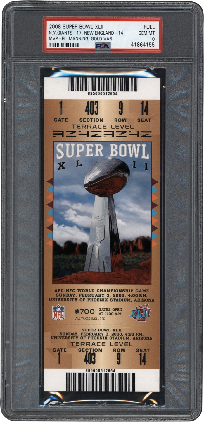- 2008 Super Bowl XLII Full Ticket (Gold Variation) PSA GEM MINT 10