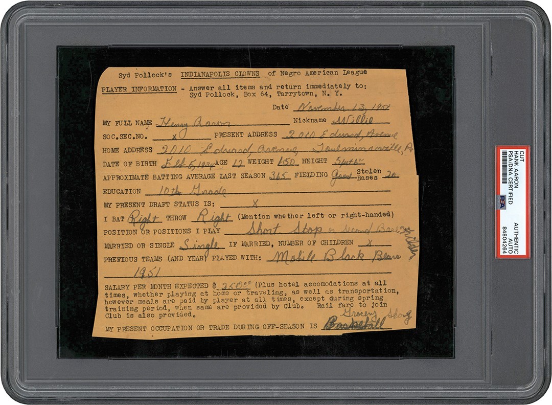 - Extremely Significant 1951 Hank Aaron Handwritten and Signed Questionnaire (PSA)