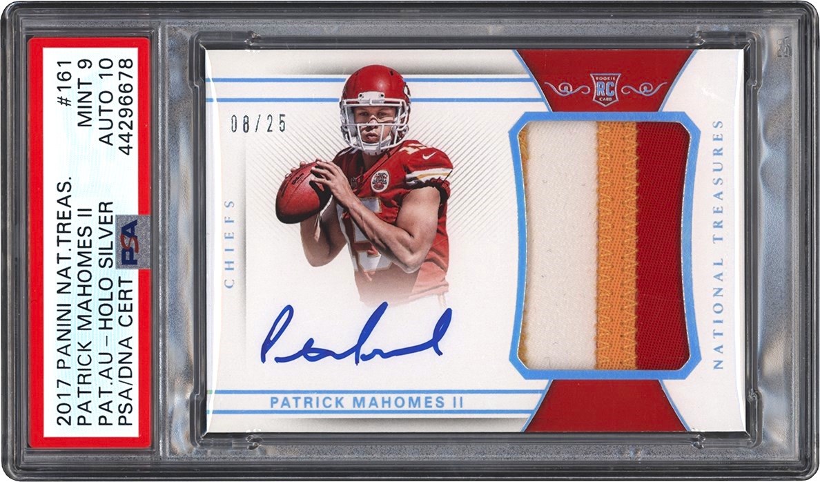- 17 National Treasures Football Holo Silver #161 Patrick Mahomes RPA Rookie Patch Autograph Card #8/25 PSA MINT 9 - Auto 10 (Pop 1 of 2 Highest Graded)