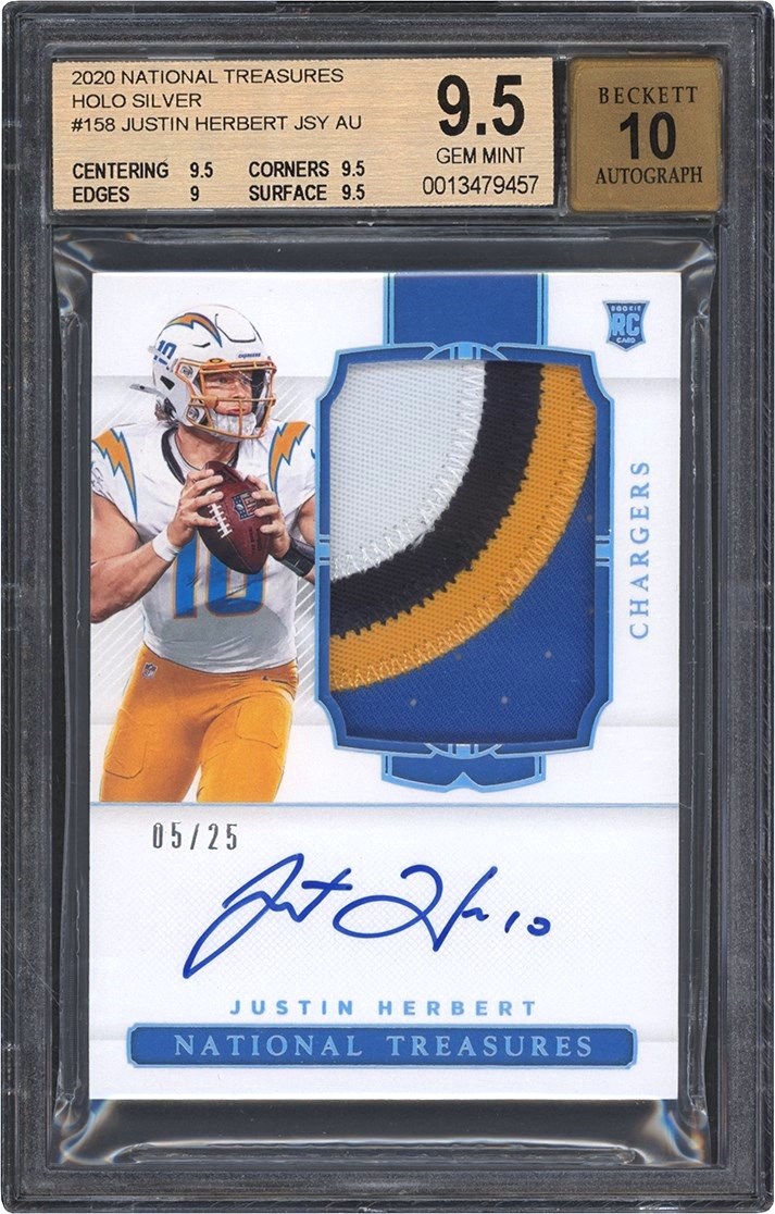 - 20 National Treasures Football Holo Silver #158 Justin Herbert RPA Rookie Patch Autograph #5/25 BGS GEM MINT 9.5 - Auto 10 (Pop 1 of 3 Highest Graded)