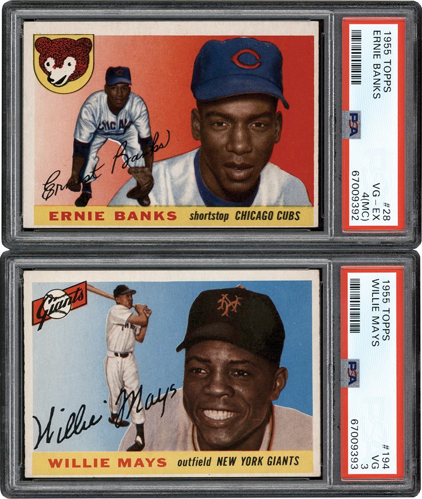 - 955 Topps Baseball Willie Mays and Ernie Banks PSA Graded Card Duo