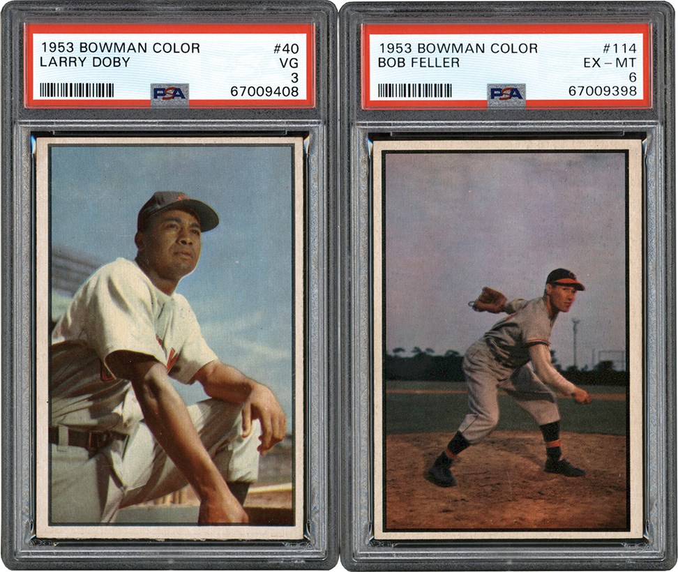 - 953 Bowman Color Baseball Bob Feller and Larry Doby Graded Card Duo