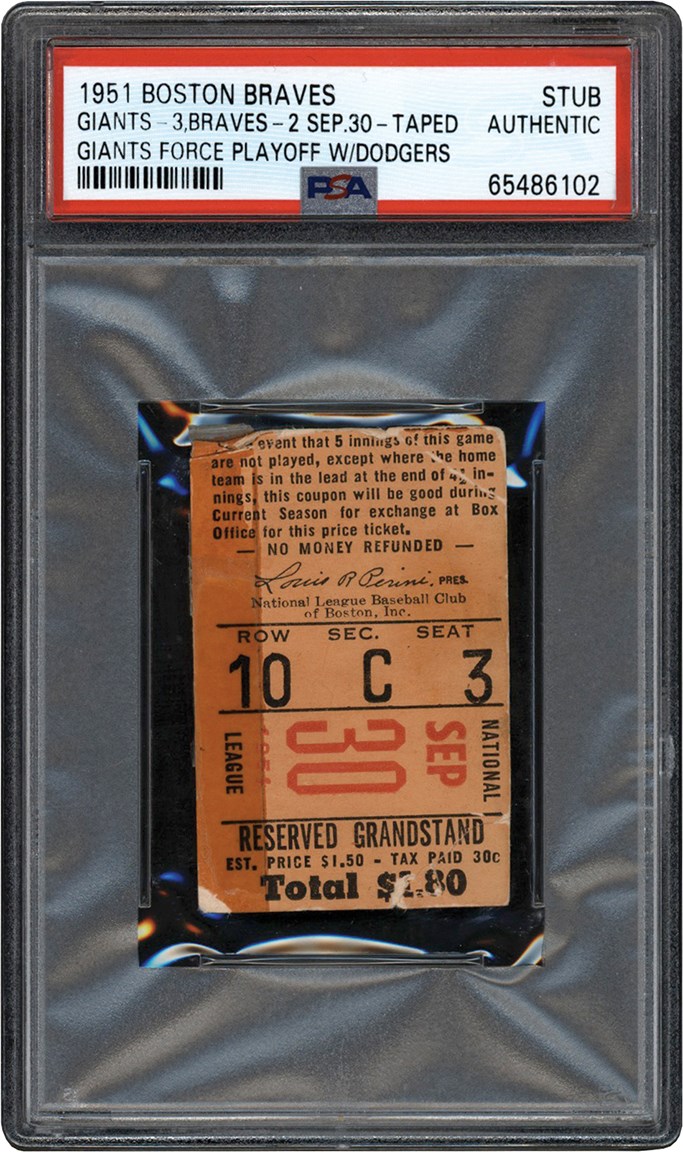 - 9/30/51 New York Giants Force Playoff with Brooklyn Dodgers Ticket Stub PSA Authentic