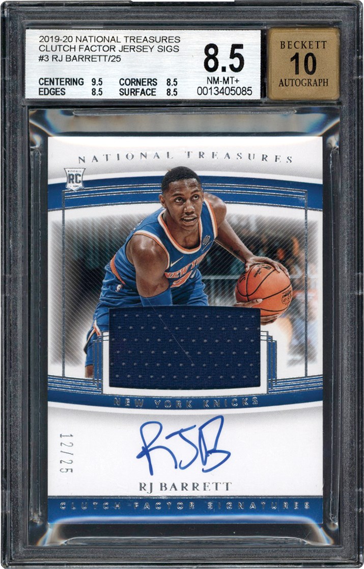 Basketball Cards - 2019-2020 National Treasures Basketball Clutch Factor Jersey Signatures #3 RJ Barrett Rookie Card #12/25 BGS NM-MT+ 8.5 Auto 10
