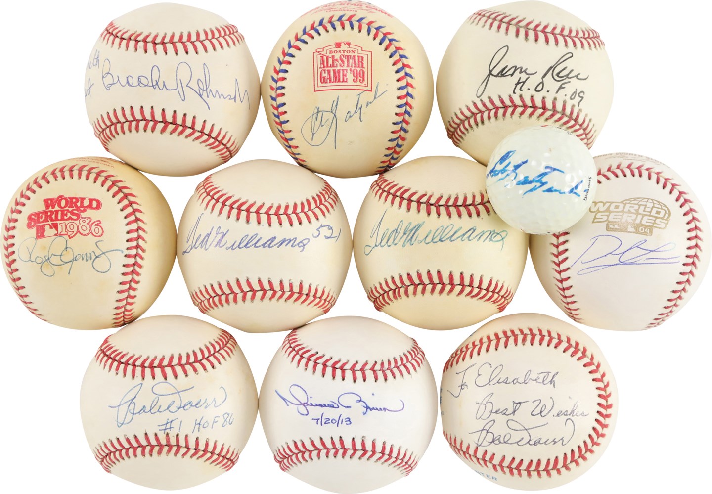 Baseball Autographs - Single-Signed Baseballs and Golf Ball (11) including Two Ted Williams