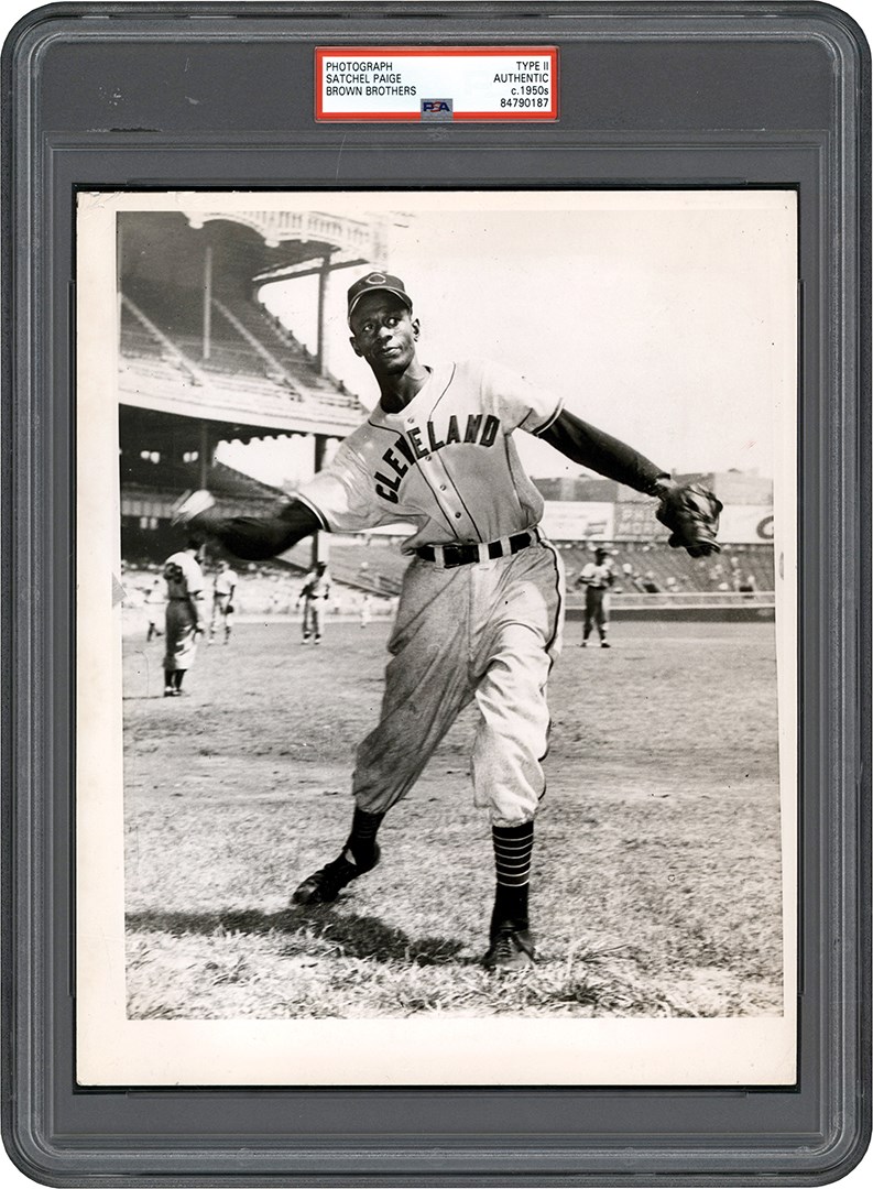 - 1950s Satchel Paige Cleveland Indians (Throwing) Photograph (PSA Type II)