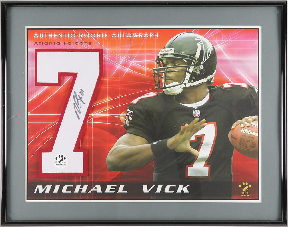 Football - Michael Vick Signed Oversize Rookie Jersey Number Display