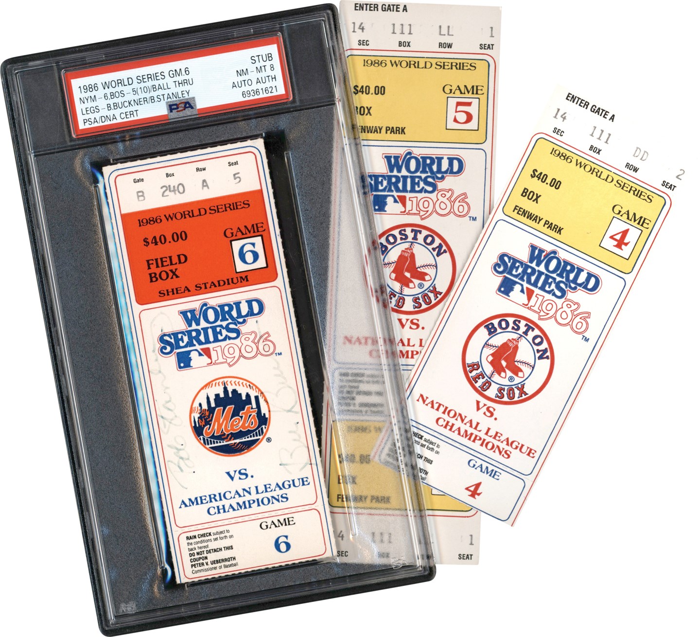 - 1986 World Series Game 6 Ticket Stub Signed by Bill Buckner and Bob Stanley Plus Game 4 and Game 5 Tickets