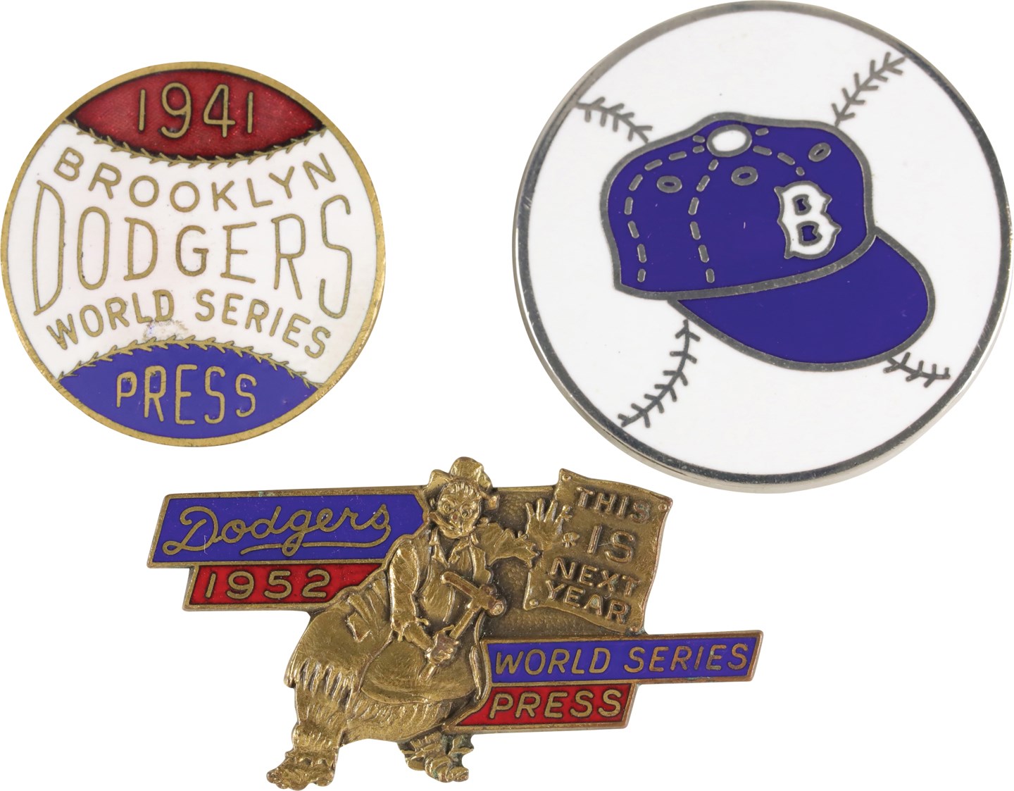- 1941-1955 Brooklyn Dodgers World Series Press Pin Collection (3)