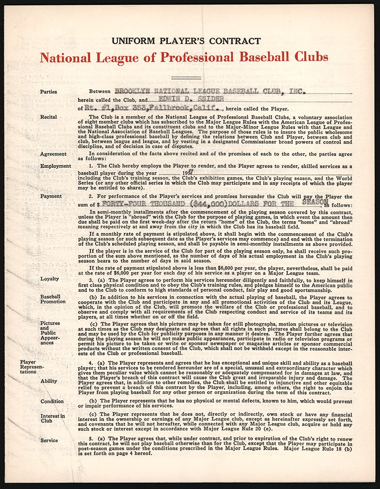 - 1957 Duke Snider Brooklyn Dodgers Contract - Final Season in Brooklyn (PSA)