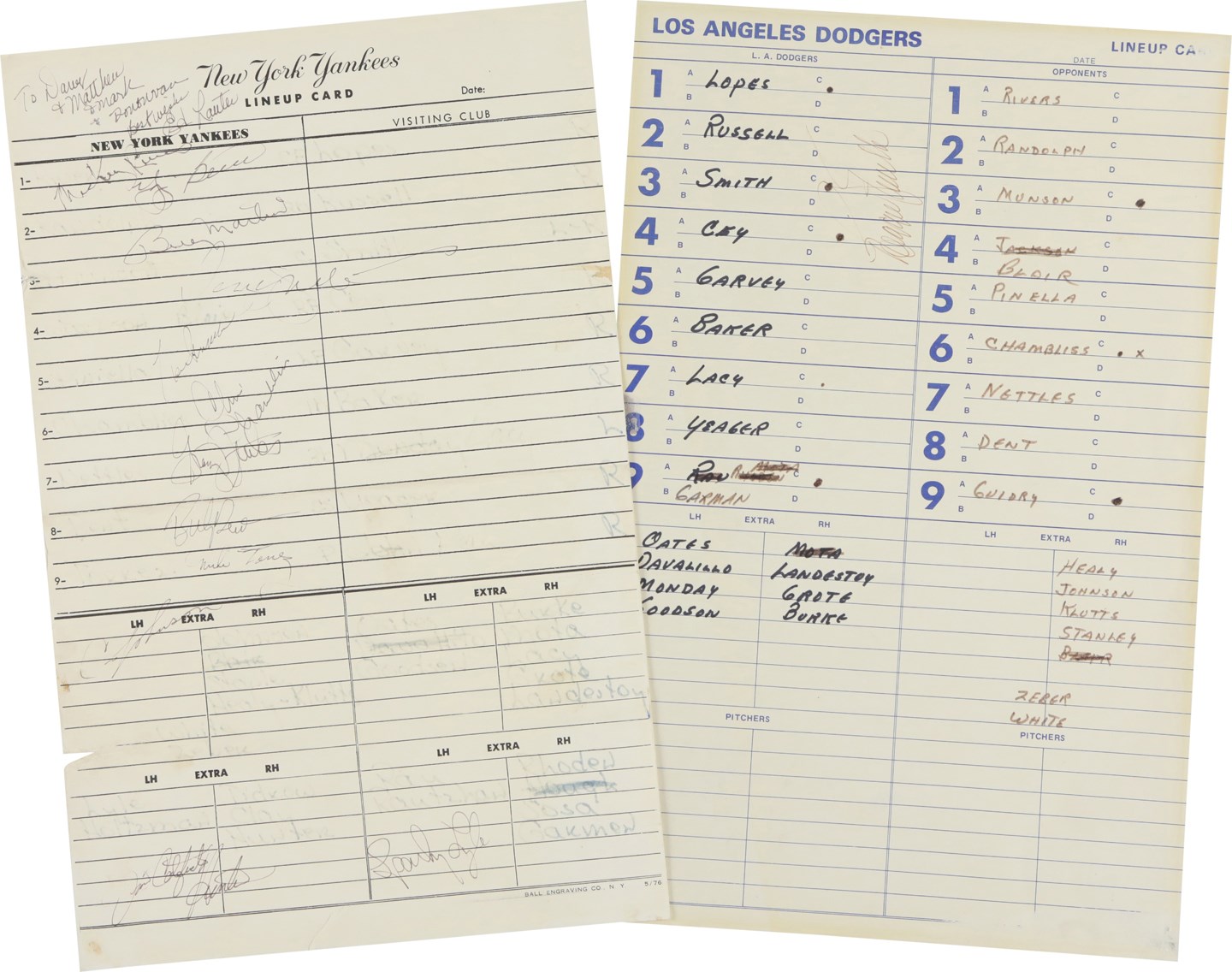 - NY Yankees & LA Dodgers Original 1977 World Series Dugout Lineup Cards - Games 3 & 4 - Signed by Numerous Yankees Players (PSA)