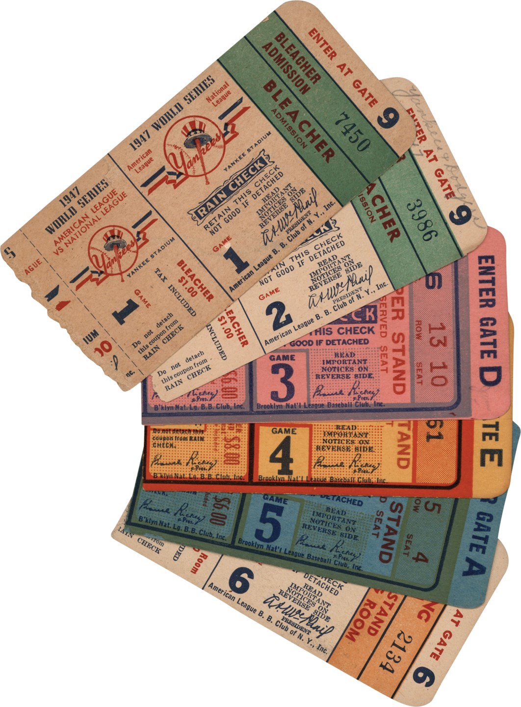 - 1947 World Series Ticket Stub Collection (6) - Jackie Robinson's 1st World Series & Gionfriddo's Catch