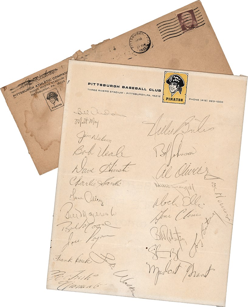 Baseball Autographs - 1971 Pittsburgh Pirates World Series Champions Team-Signed Sheet w/Roberto Clemente (PSA)