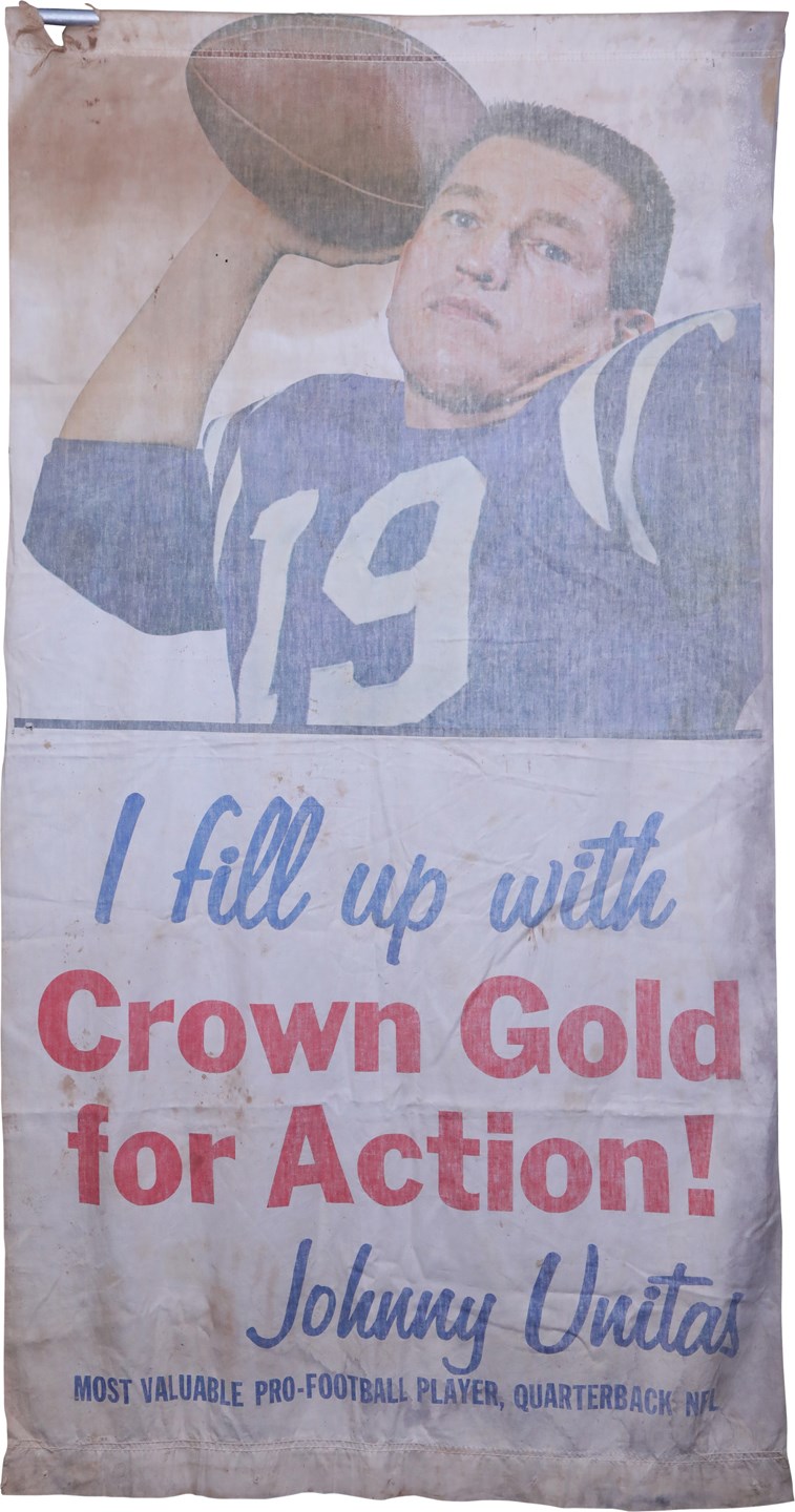 - 1960s Johnny Unitas Crown Gold Oil Most Valuable Player Banner