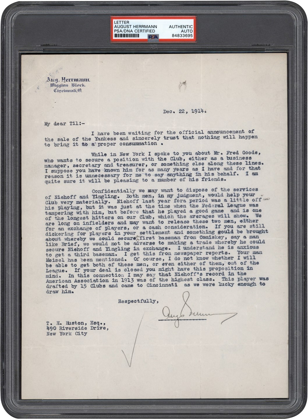 - December 22nd, 1914, August Herrmann Signed "Sale of the Yankees" Letter to Colonel Tillinghast Huston Three Weeks Before Sale was Completed - Includes Response from Huston Five Days Before Sale was Announced (ex-Barry Halper Collection)