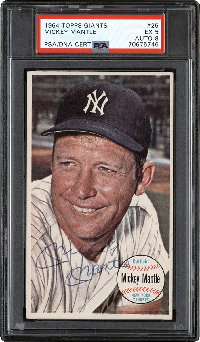 - Signed 1964 Topps Giants #25 Mickey Mantle PSA EX 5 Auto 8