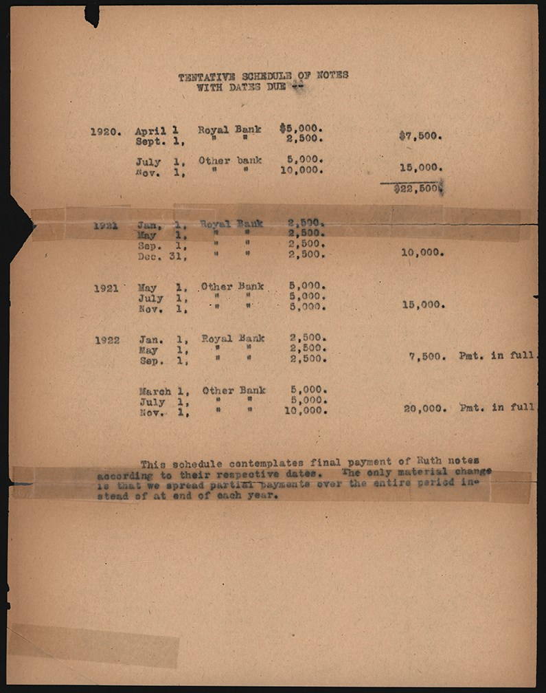 The Babe Ruth Sale Archive - Tentative Payment Schedule of Notes for Babe Ruth (ex-Barry Halper Collection)