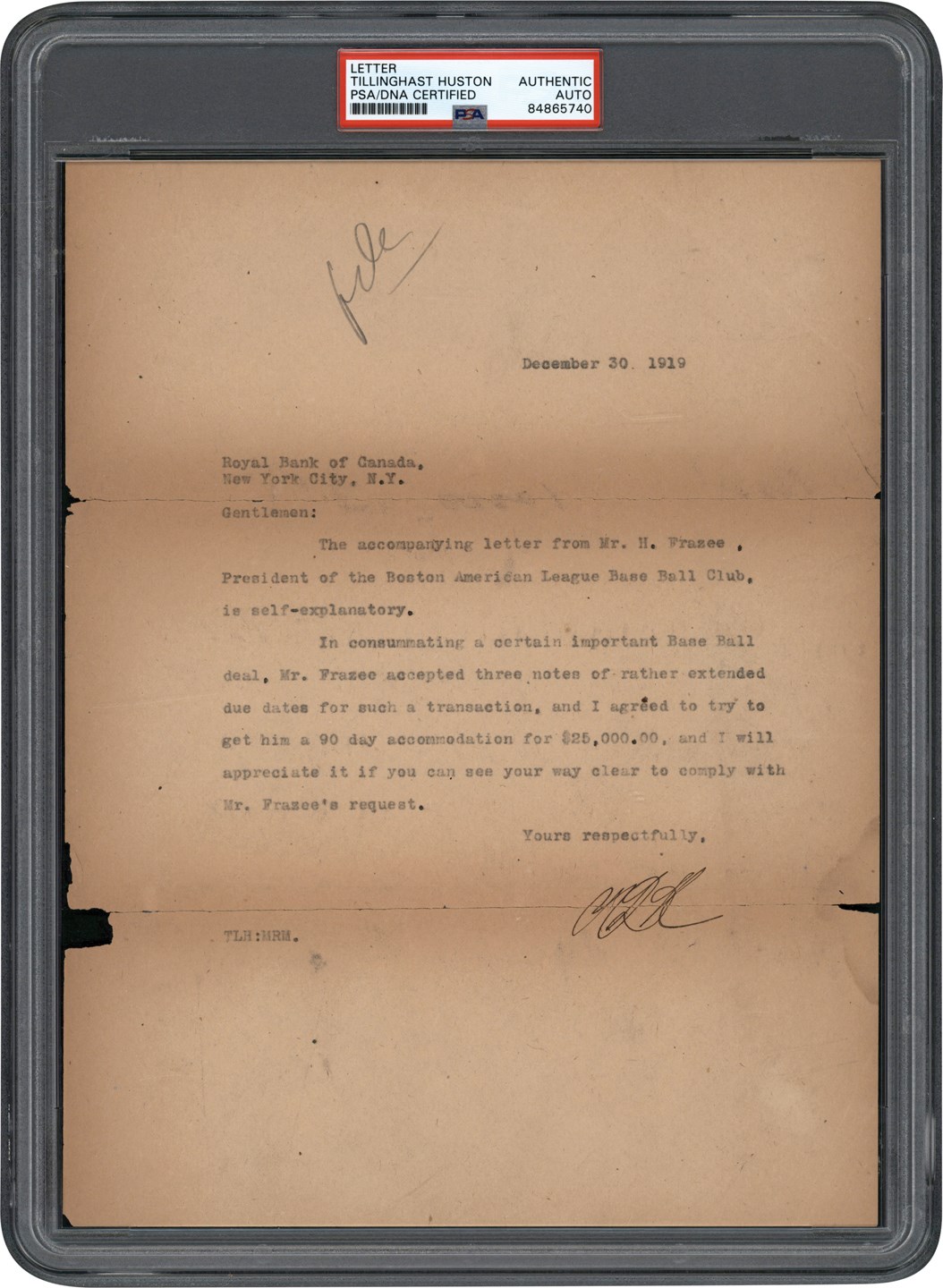 The Babe Ruth Sale Archive - December 30th, 1919, Colonel Huston Letter "Consummating a Certain Important Base Ball Deal" aka The Babe Ruth Sale (ex-Barry Halper Collection)