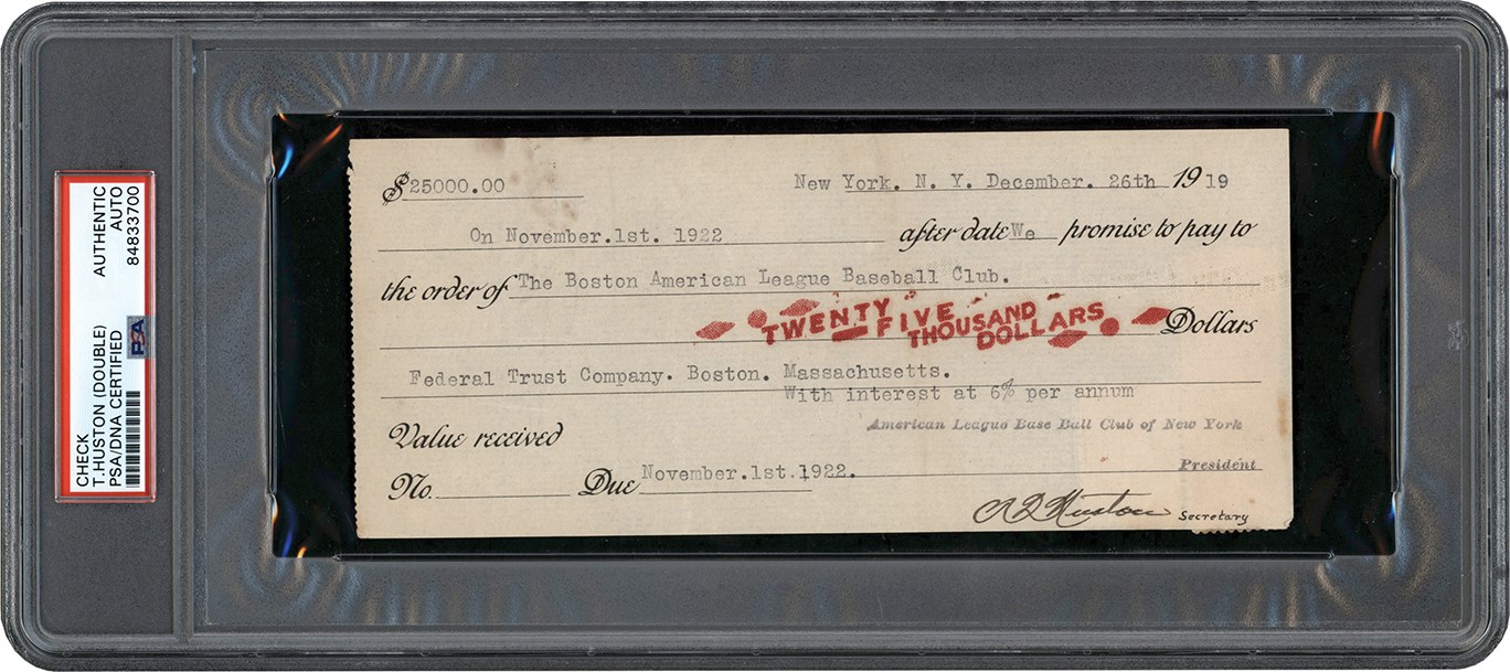- December 26th, 1919, Promissory Note from Yankees Co-Owner Colonel Tillinghast Huston to Boston Red Sox for The Sale of Babe Ruth - The Day Yankees & Red Sox Agree to Terms (ex-Barry Halper Collection)