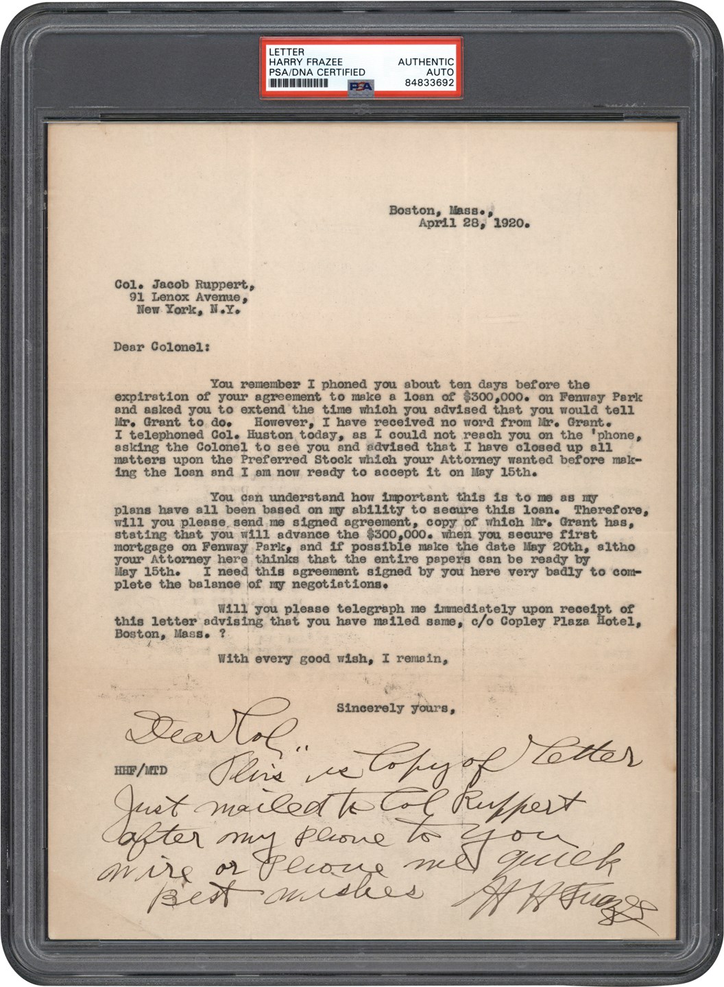 The Babe Ruth Sale Archive - 1920 Harry Frazee Desperation Letter to Colonel Tillinghast Huston Regarding $300,000 Loan Connected to the Babe Ruth Sale - From The Barry Halper Collection (PSA)