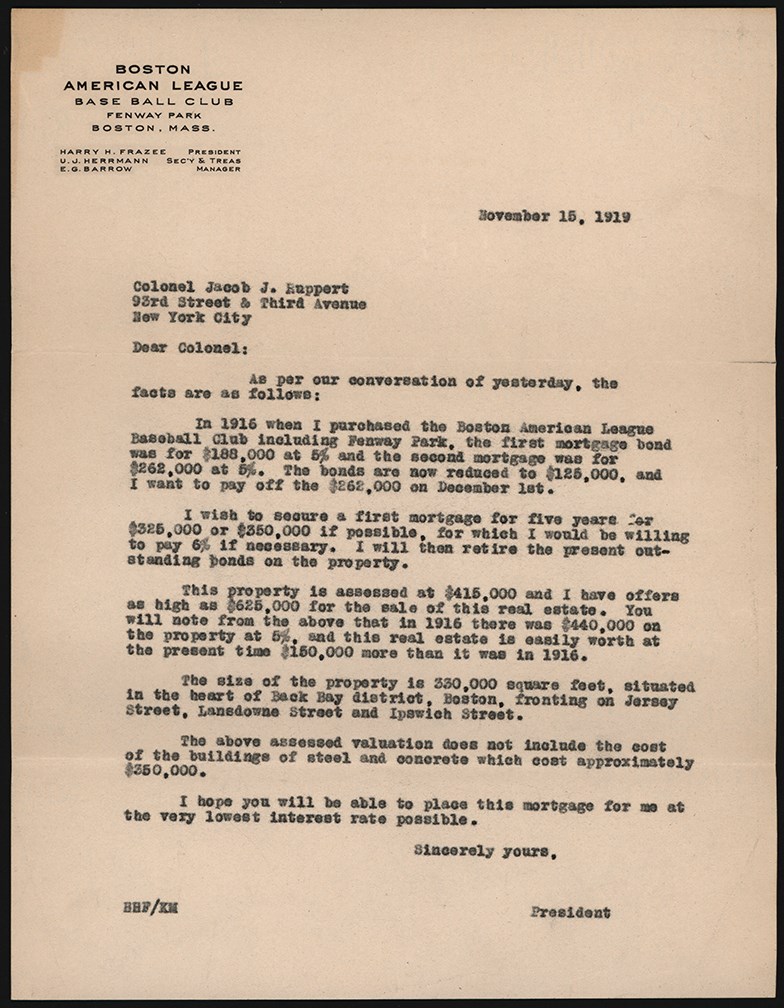 The Babe Ruth Sale Archive - November 15th, 1919, Letter from Harry Frazee to Jacob Ruppert Regarding Terms of Babe Ruth Sale - Frazee Requests for Mortgage Loan on Fenway Park (ex-Barry Halper Collection)