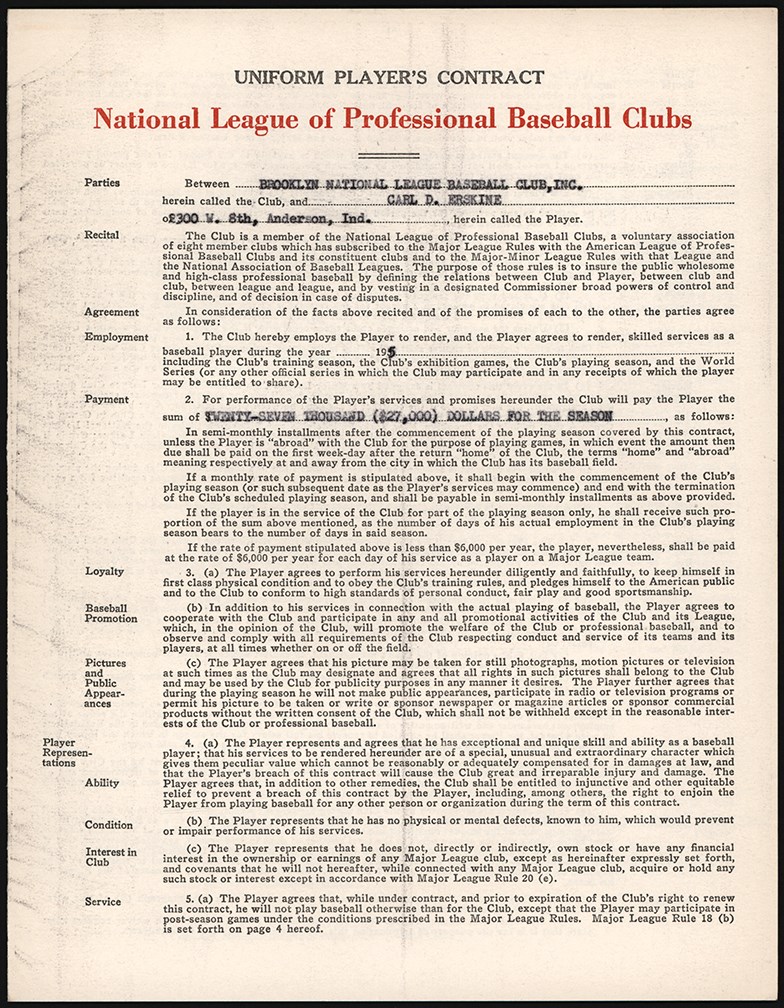 - 1955 Carl Erskine Brooklyn Dodgers Contract - World Championship Season (PSA)