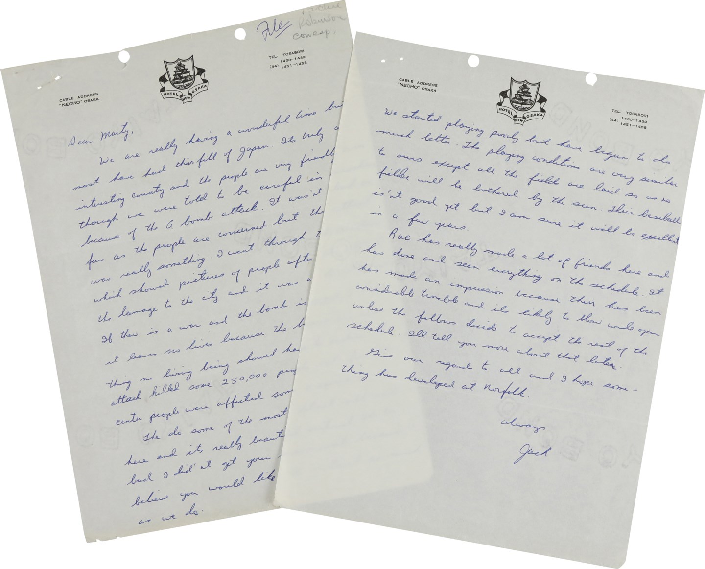 - 1956 Jackie Robinson Tour of Japan Handwritten Letter with Hiroshima Content (PSA)