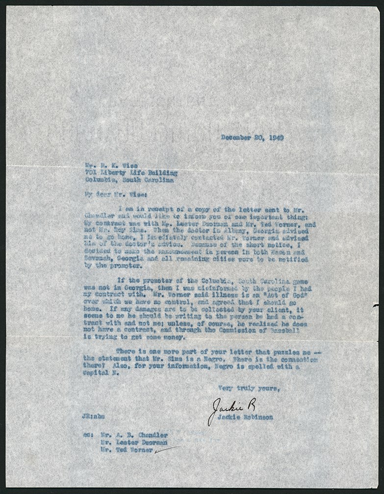 - 1949 Jackie Robinson Signed Letter with Racial Overtones - "For Your Information, Negro is Spelled With a Capital N" (JSA)