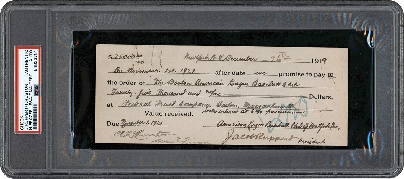The Babe Ruth Sale Archive - cember 26th, 1919 Promissory Note from New York Yankees to Red Sox for The Sale of Babe Ruth Payment with Accounting Log for Exact Note (ex-Barry Halper Collection)