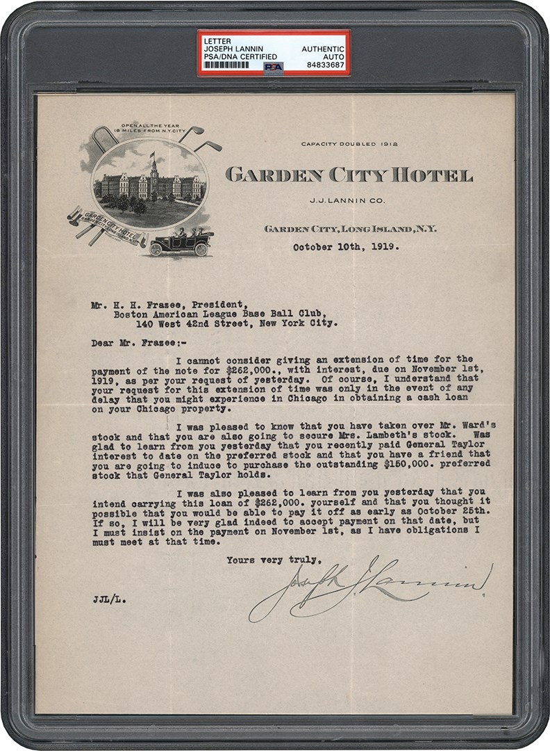 - October 10th, 1919, Joseph Lannin Letter to Harry Frazee Denying Extension on $262,000 Loan Payment for The Sale of Boston Red Sox and Fenway Park - The Reason Why Frazee Sold Babe Ruth (PSA)