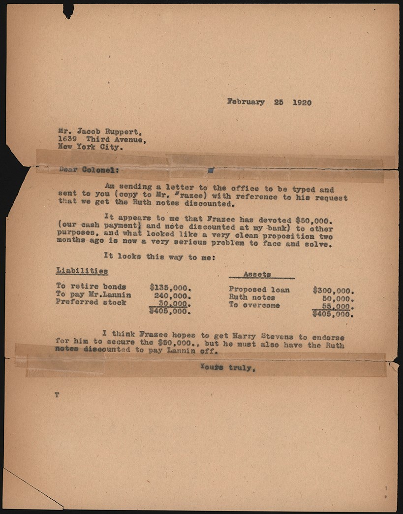 The Babe Ruth Sale Archive - 1920 Colonel Huston Distress Letter to Jacob Ruppert Regarding "Ruth Notes" Payment (ex-Barry Halper Collection)