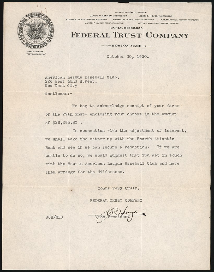 The Babe Ruth Sale Archive - 1920 Letter to New York Yankees Acknowledging Receipt of Payment for Babe Ruth (ex-Barry Halper Collection)