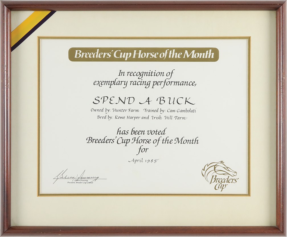 1985 "Spend A Buck" Breeder's Cup Horse of the Month Award