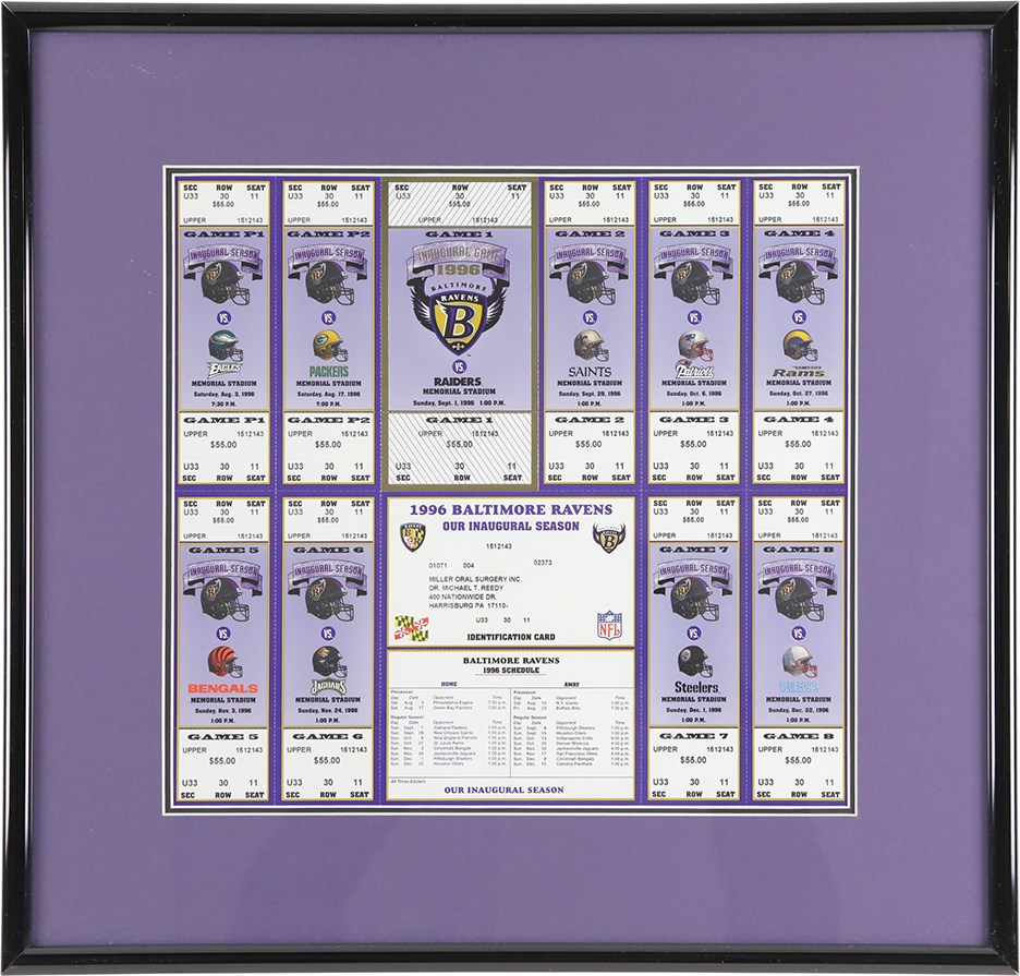 Football - 1996 Baltimore Ravens Inaugural Season Uncut Sheet of Home Tickets w/First Game