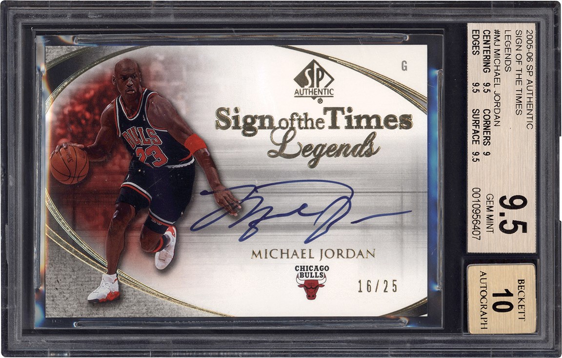 - 005-2006 SP Authentic Basketball Sign of the Times Legends #MJ Michael Jordan Autograph Card #16/25 BGS GEM MINT 9.5 Auto 10