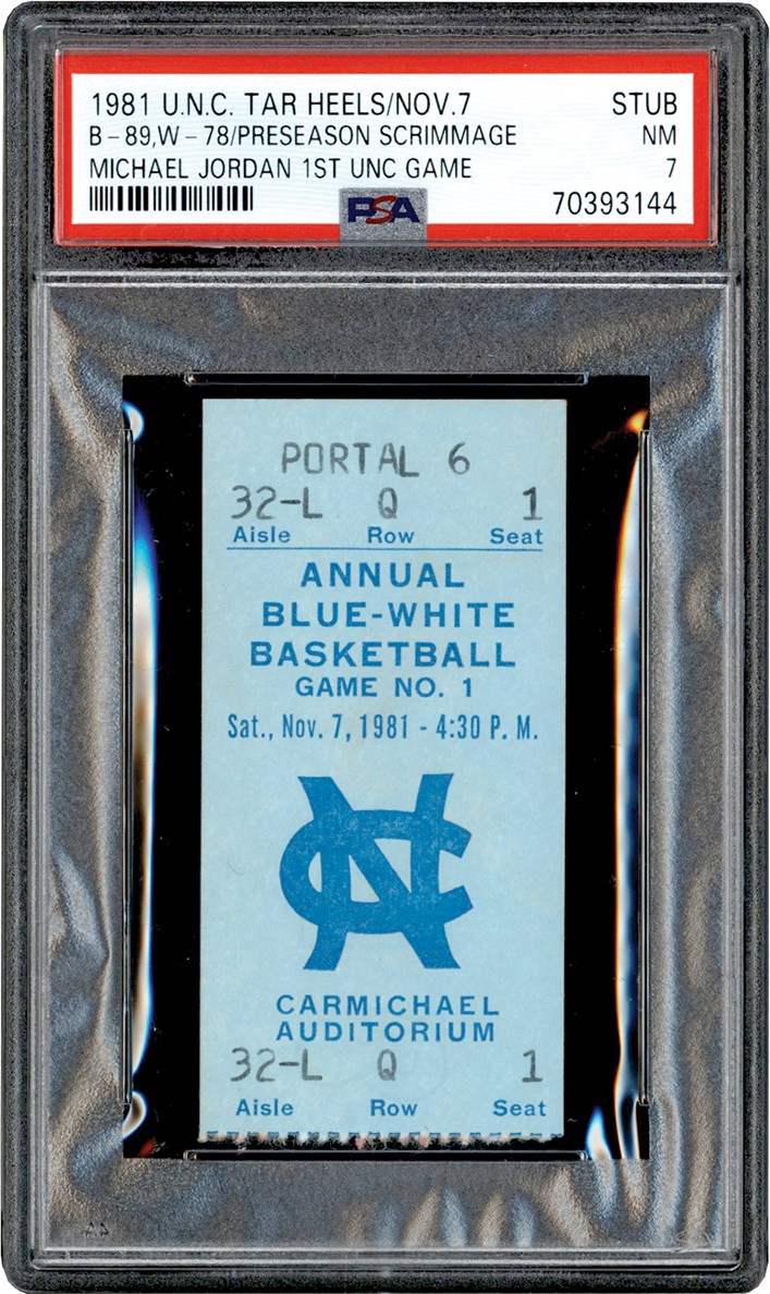 - 1981 Michael Jordan UNC Basketball Blue-White Game Ticket Stub - Jordan's College Debut! PSA NM 7 (Pop 1 - None Higher)