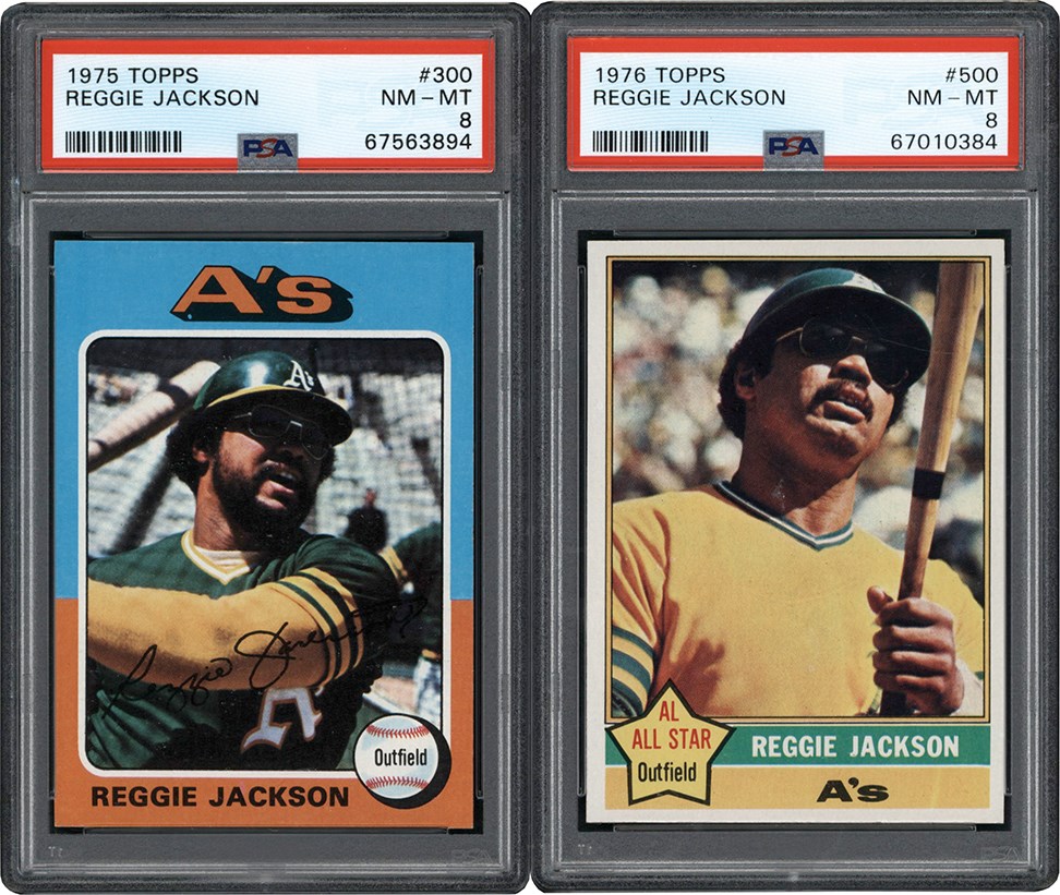 - 1975 & 1976 Topps Baseball Reggie Jackson Duo (2) PSA NM-MT 8
