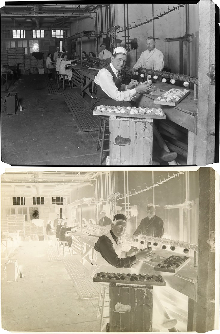 The Brown Brothers Photograph Collection - Babe Ruth on the Assembly Line Making Babe Ruth Home Run Ice Cream Baseballs - Original Film Negative