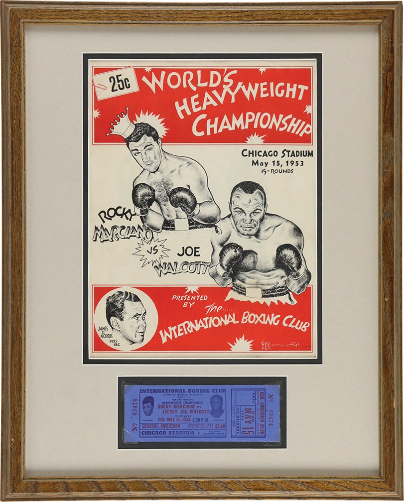 - 5/15/53 Rocky Marciano vs Joe Walcott Original Heavyweight Championship Fight Program & Ticket Display