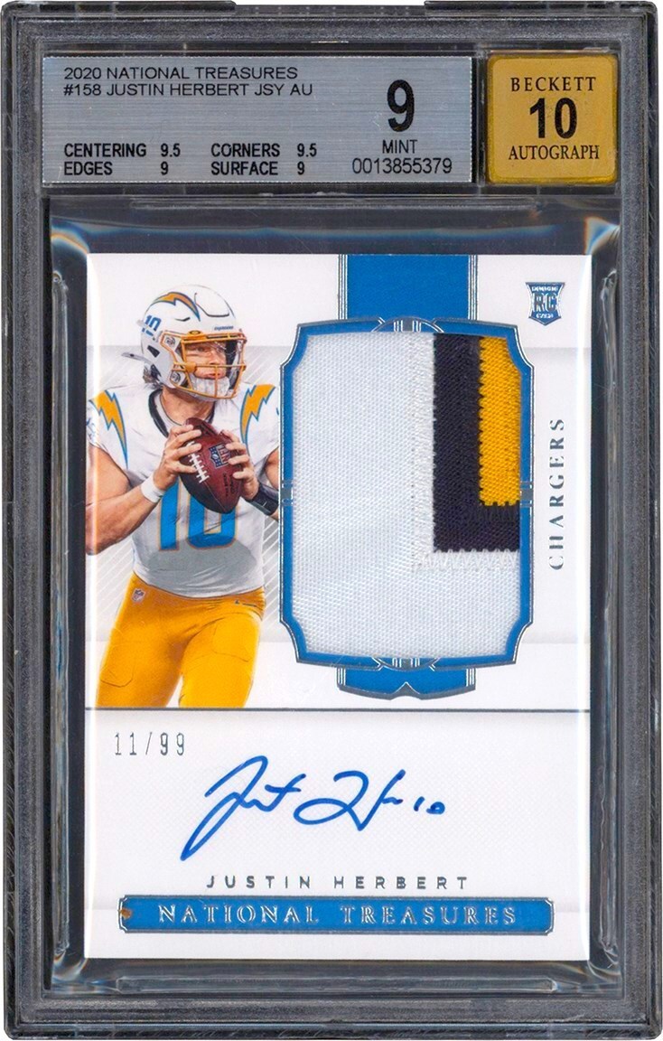 - 020 National Treasures Football #158 Justin Herbert Rookie Patch Autograph Card #11/99 BGS MINT 9 Auto 10
