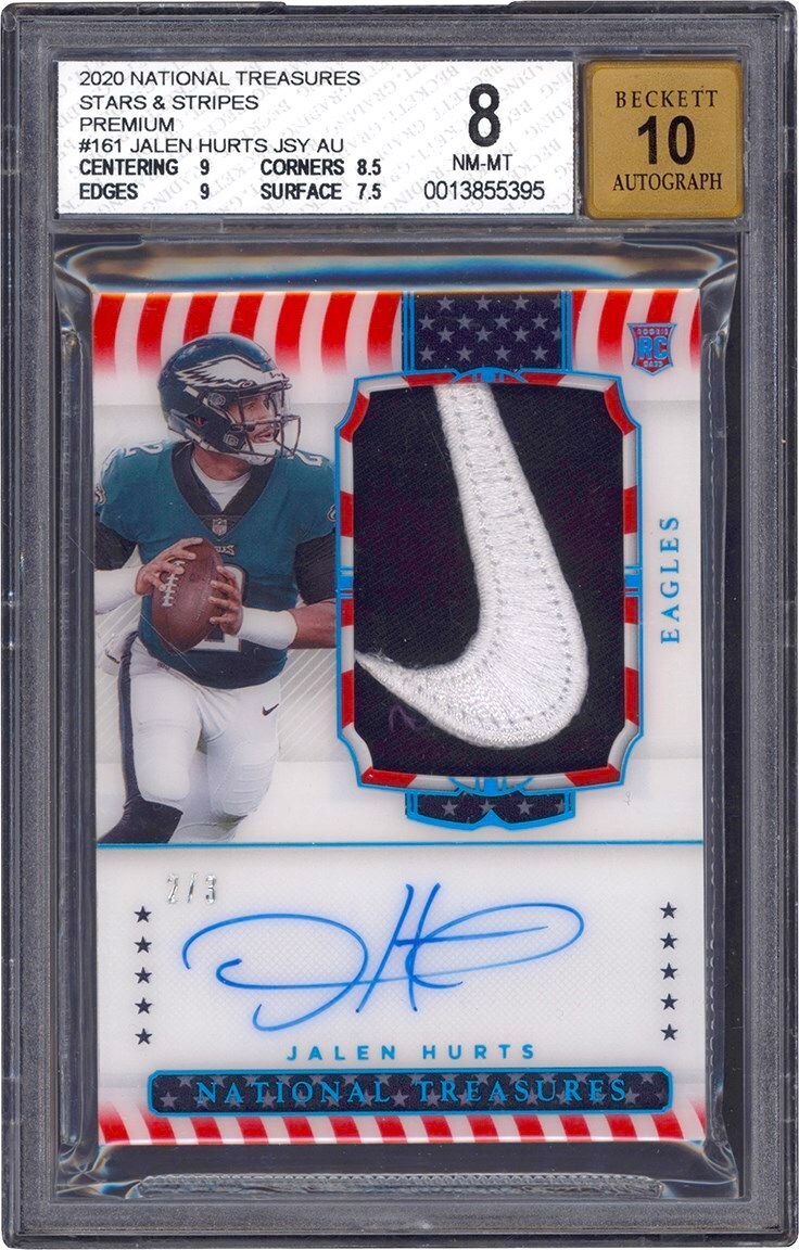 Football Cards - 020 National Treasures Football Stars & Stripes Premium #161 Jalen Hurts Nike Swoosh Rookie Patch Autograph - Jersey Number #2/3 BGS NM-MT 8 Auto 10