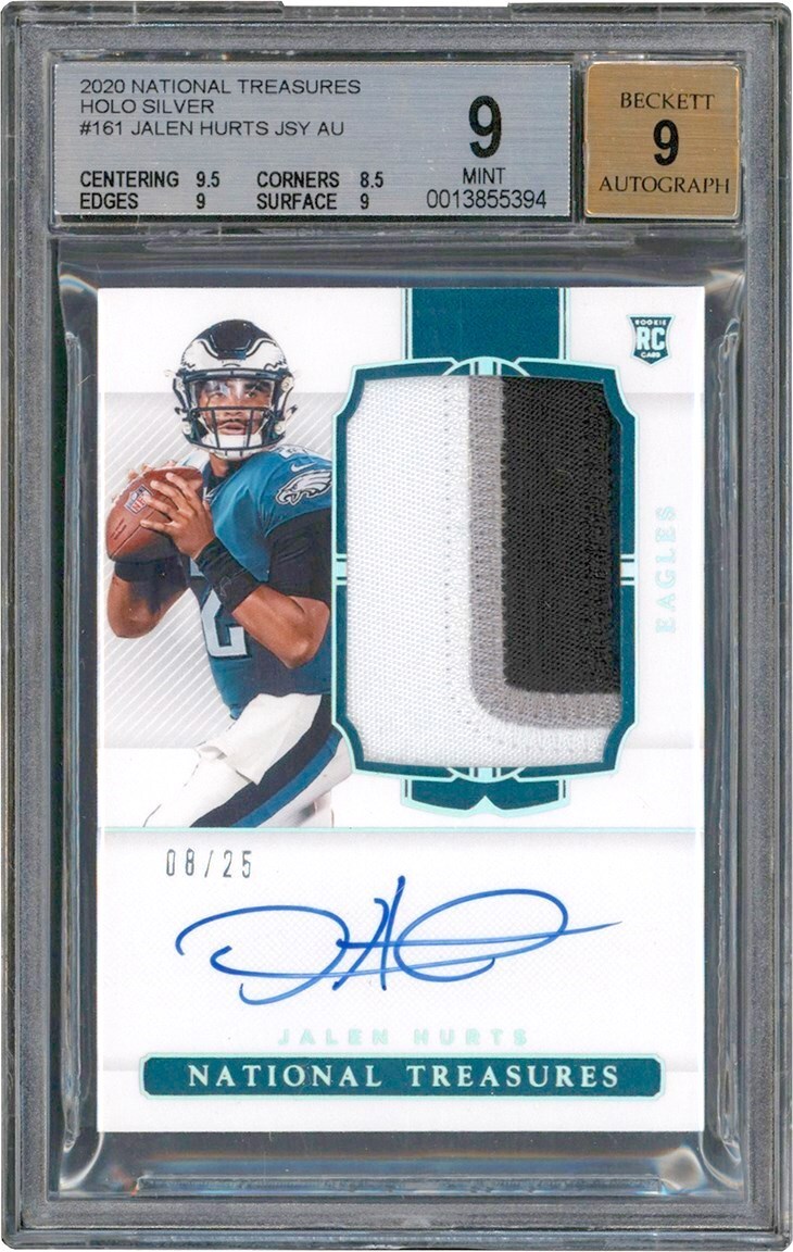- 020 National Treasures Football Holo Silver #161 Jalen Hurts Rookie Patch Autograph Card #8/25 BGS MINT 9 Auto 9