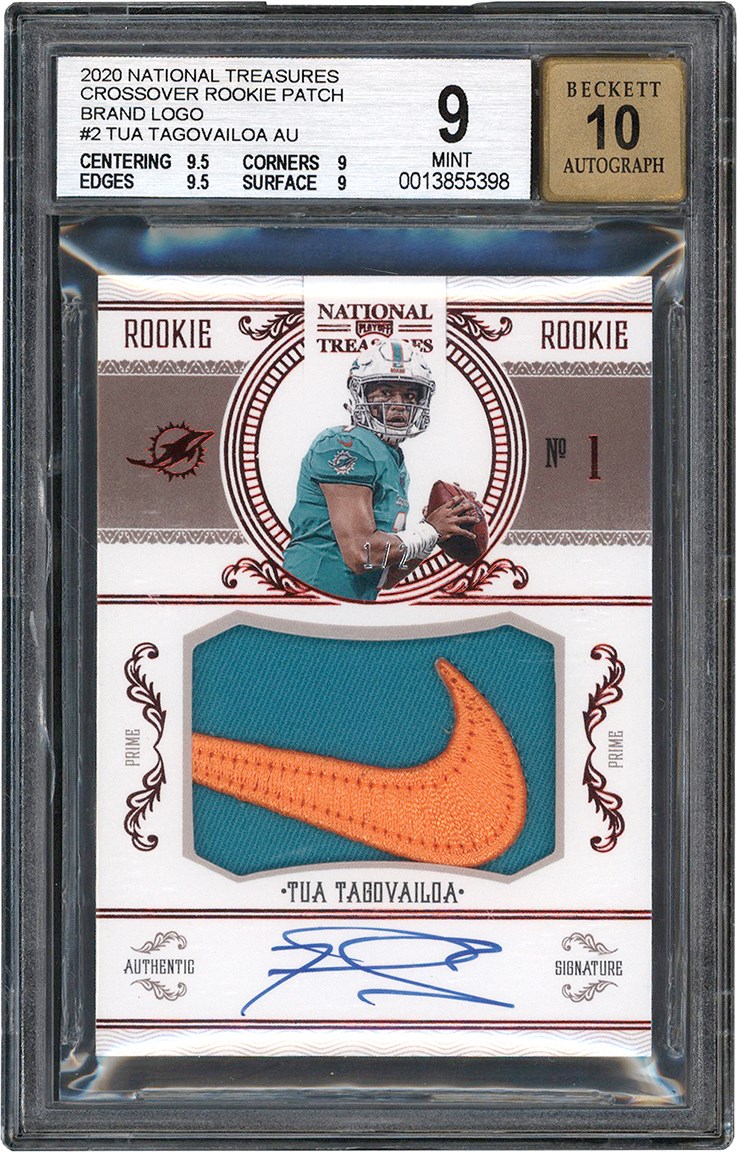 - 020 National Treasures Football Crossover Rookie Patch Brand Logo #2 Tua Tagovailoa Nike Swoosh Patch Autograph - Jersey Number #1/2 BGS MINT 9 Auto 10
