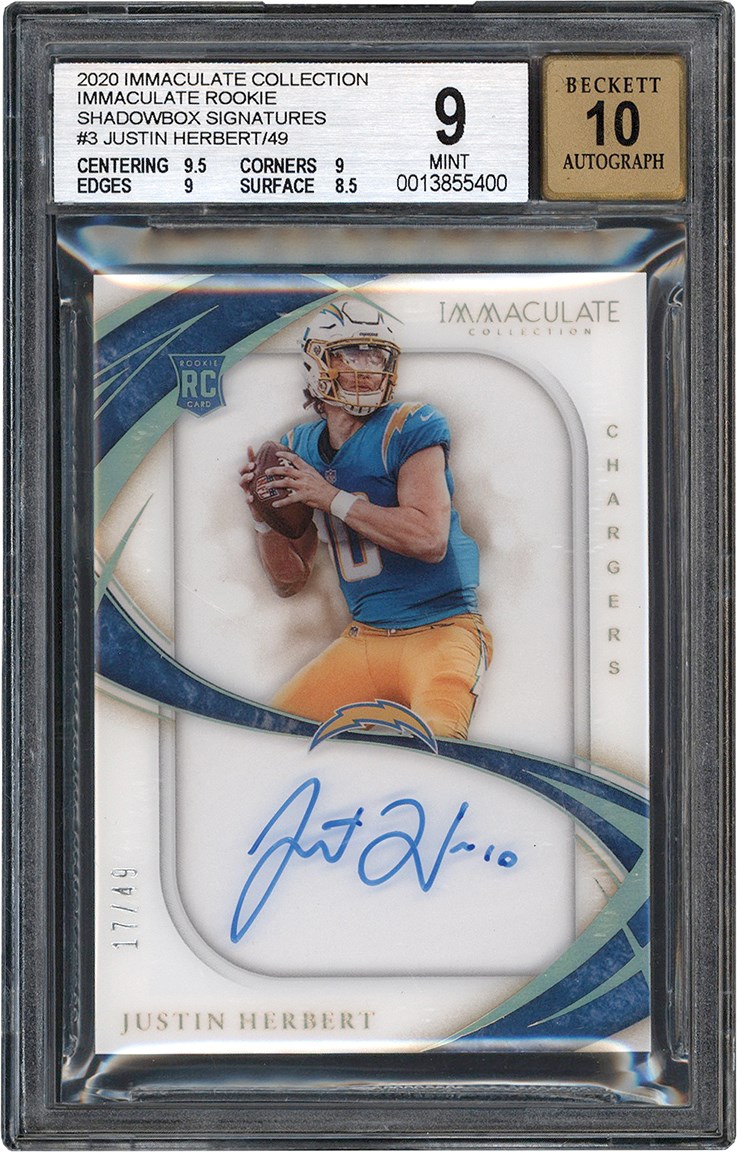 - 2020 Immaculate Collection Football Rookie Shadowbox Signatures #3 Justin Herbert Rookie Autograph Card #17/49 BGS MINT 9 Auto 10