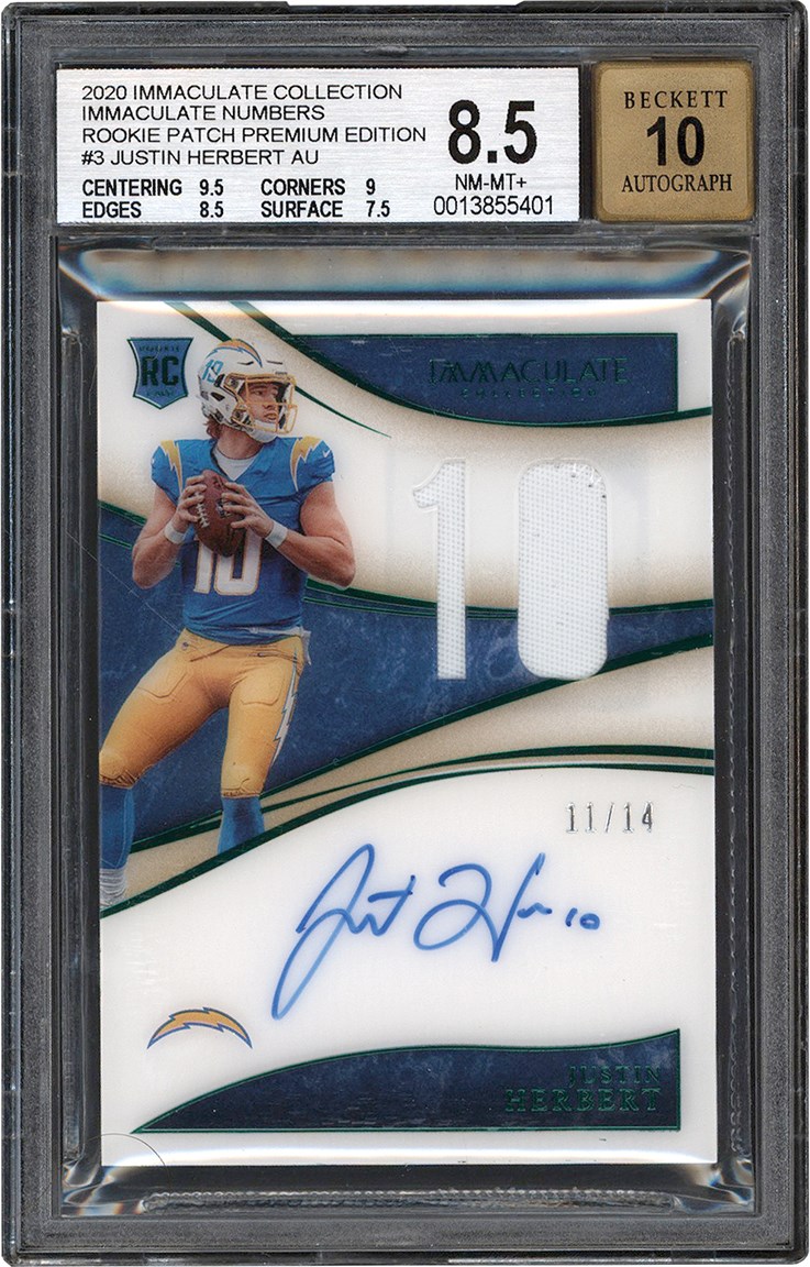 - 2020 Immaculate Collection Football Numbers Rookie Patch Premium Edition #3 Justin Herbert Autograph Card #11/14 BGS NM-MT+ 8.5 Auto 10