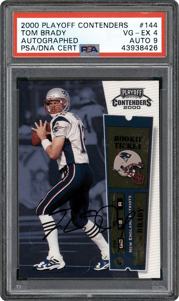 - 000 Playoff Contenders Football Rookie Ticket #144 Tom Brady Autograph Card PSA VG-EX 4 Auto 9