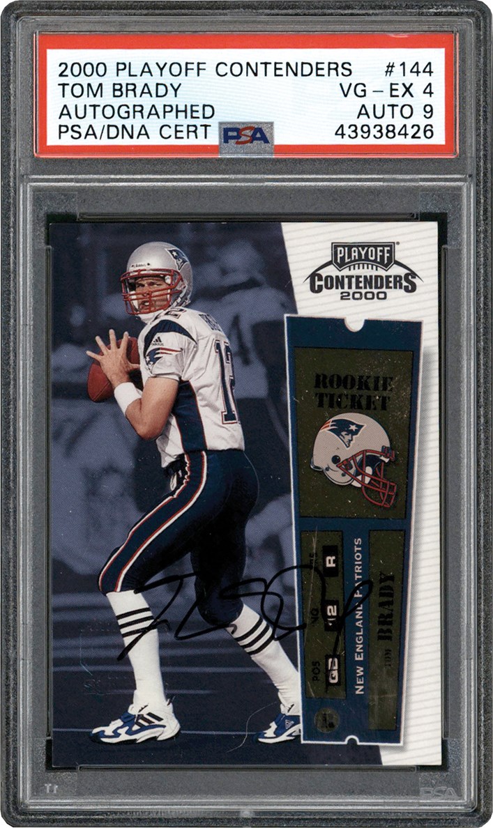 Football Cards - 000 Playoff Contenders Football Rookie Ticket #144 Tom Brady Autograph Card PSA VG-EX 4 Auto 9