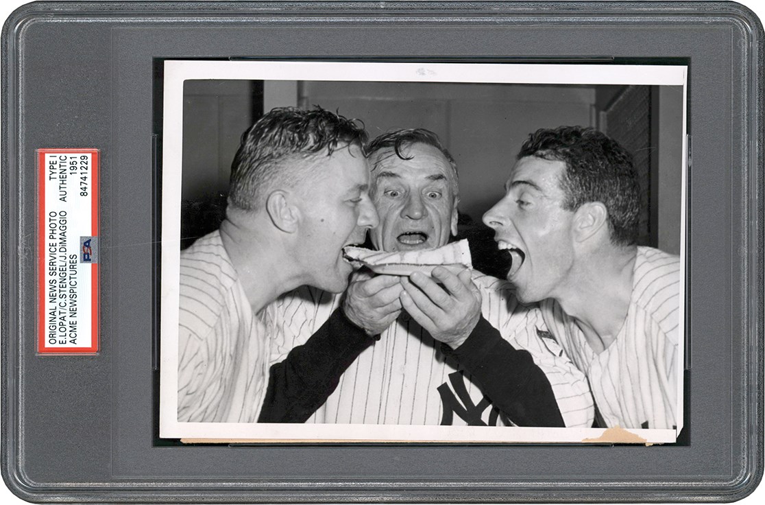 - 1951 Joe DiMaggio and Casey Stengel Photograph - Let Them Eat Cake! (PSA Type I)